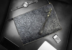 Handmade Leather Floral Tooled Mens Clutch Cool Slim Wallet Zipper Clutch Wristlet Wallet for Men - imessengerbags