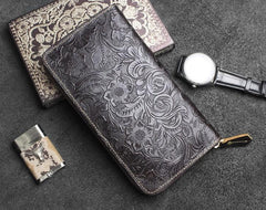Handmade Leather Floral Mens Cool Travel Long Wallet Card Holder Card Slim Clutch Wallets for Men - imessengerbags