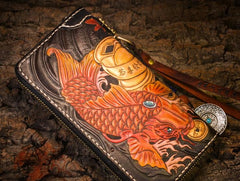 Handmade Leather Carp Mens Chain Biker Wallet Cool Leather Wallet Long Clutch Wallets for Men - imessengerbags