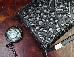 Handmade Leather Mens Tooled Skull Death Cool Zipper Phone Travel Long Wallet Card Holder Card Slim Clutch Wallets for Men - imessengerbags