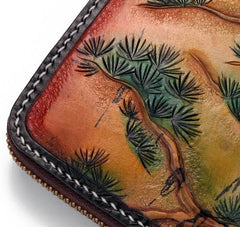 Handmade Leather Mens Clutch Wallet Cool Red-Crowned Crane Tooled Wallet Long Zipper Wallets for Men - imessengerbags