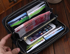 Handmade Leather Mens Clutch Wallet Tooled Cool Carp Wallet Long Zipper Wallets for Men - imessengerbags