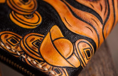 Handmade Leather Tooled Chinese Monster Mens Chain Biker Wallet Cool Leather Wallet Zipper Long Phone Wallets for Men