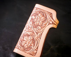 Handmade Mens Cool Tooled Boa Skin Floral Leather Chain Wallet Biker Trucker Wallet with Chain