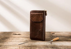Cool Leather Mens Coffee Long Zipper Clutch Wallet Long Wallet for Men - imessengerbags