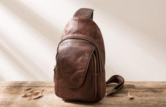 Coffee Leather Mens Sling Bag Sling Shoulder Bags Sling Backpacks for men - imessengerbags