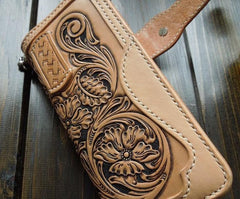 Handmade Leather Biker Wallet Tooled Floral Mens Cool Chain Wallet Trucker Wallet with Chain