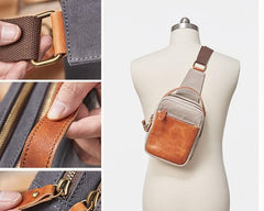 Cool Gray Canvas Leather Mens Sling Bag Chest Bag One Shoulder Pack for men - imessengerbags