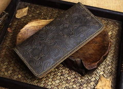 Handmade Leather Floral Mens Cool Travel Long Wallet Card Holder Card Slim Clutch Wallets for Men - imessengerbags