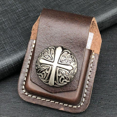 Black Handmade Leather Mens Indian Skull Zippo Lighter Holders Lighter Case For Men - imessengerbags