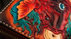 Handmade Leather Tooled Carp Mens Chain Biker Wallet Cool Leather Wallet Long Phone Wallets for Men