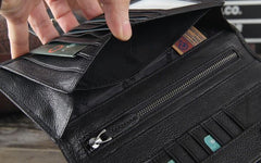 Genuine Leather Mens Cool Long Leather Wallet Cards Clutch Wristlet Wallet for Men - imessengerbags