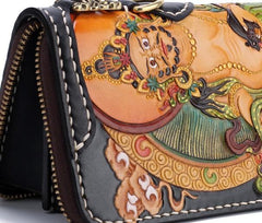 Handmade Leather Tooled Yellow Jambhala Mens Chain Biker Wallet Cool Leather Wallet Zipper Long Phone Wallets for Men