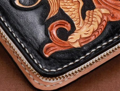 Handmade Leather Mens Clutch Wallet Cool Chinese Dragon Tooled Wallet Long Zipper Wallets for Men - imessengerbags