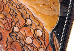 Handmade Leather Mens Clutch Wallet Cool Gold Toad Triped Crow Tooled Wallet Long Zipper Wallets for Men - imessengerbags