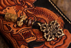 Handmade Leather Tooled Chinese Dragon Mens Chain Biker Wallet Cool Leather Wallet Zipper Long Phone Wallets for Men - imessengerbags