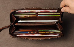 Genuine Leather Mens Cool Long Leather Wallet Cards Phone Zipper Clutch Wristlet Wallet for Men - imessengerbags