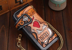 Handmade Leather Skull Mens Chain Biker Wallet Cool Leather Wallet Long Tooled Wallets for Men