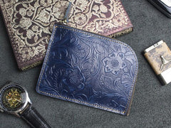Handmade Leather Floral Mens Front Pocket Wallet Cool Slim Leather Wallet Men billfold Wallets Bifold for Men - imessengerbags