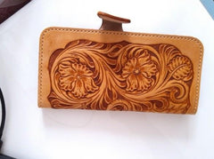 Handmade Leather Tooled Floral Mens Long Wallet Cool Long Wallet for Men - imessengerbags