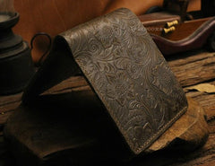 Handmade Leather Floral Mens Cool Slim Leather Wallet Men billfold Wallets Bifold for Men - imessengerbags