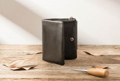 Black Leather Mens Small Wallets Trifold Vintage billfold Wallet for Men - imessengerbags