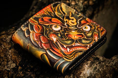 Handmade Leather Chinese Lion Tooled Mens billfold Wallet Cool Leather Wallet Slim Wallet for Men - imessengerbags