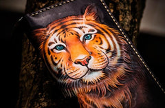 Handmade Leather Men Tooled Tiger Cool Leather Wallet Long Phone Clutch Wallets for Men - imessengerbags