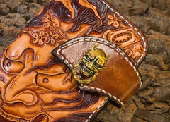 Handmade Leather Mens Cool Tooled Prajna Chain Wallet Biker Trucker Wallet with Chain