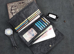 Handmade Leather Floral Mens Cool Travel Long Wallet Card Holder Card Trifold Clutch Wallets for Men - imessengerbags