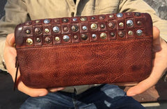 Handmade Genuine Rock Punk Leather Mens Cool Long Wallet Wristlet Bifold Clutch Wallet for Men