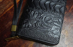 Handmade Leather Mens Tooled Floral Cool Zipper Phone Travel Long Wallet Card Holder Card Slim Clutch Wallets for Men - imessengerbags