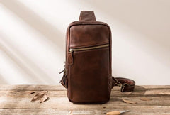 Coffee Leather Mens Sling Bag Sling Shoulder Bag Sling Backpacks for men