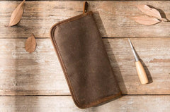 Cool Canvas Leather Mens Bifold Long Wallet Zipper Long Wallet for Men - imessengerbags
