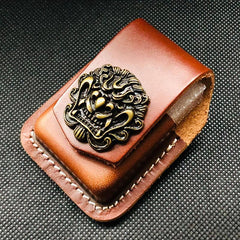 Brown Handmade Leather Mens Chinese Lion Zippo Lighter Holders Lighter Case For Men