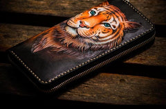 Handmade Leather Men Tooled Tiger Cool Leather Wallet Long Phone Clutch Wallets for Men - imessengerbags
