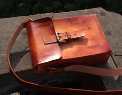 Handmade Vintage Leather Mens Messenger Bag Box Bag Brown Shoulder Bag for Men