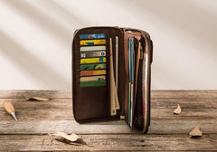 Cool Leather Mens Coffee Long Zipper Clutch Wallet Long Wallet for Men - imessengerbags