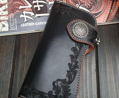 Handmade Leather Biker Wallet Tooled Floral Mens Cool Chain Wallet Trucker Wallet with Chain