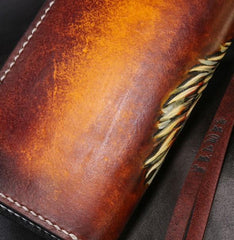 Handmade Leather Tiger Tooled Mens Chain Biker Wallet Cool Leather Wallet Long Phone Wallets for Men