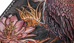 Handmade Leather Mens Clutch Wallet Cool Gold Toad Triped Crow Tooled Wallet Long Zipper Wallets for Men - imessengerbags