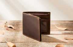 Coffee Cool Leather Mens Slim Small Wallet Bifold Vintage billfold Wallet for Men