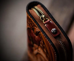 Handmade Leather Mens Clutch Wallet Cool Buddha&Demon Tooled Wallet Long Zipper Wallets for Men - imessengerbags