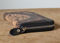 Handmade Genuine Leather Mens Cool Tooled Long Leather Wallet Bifold Clutch Wallet for Men - imessengerbags