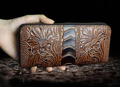 Handmade Leather Floral Mens Cool Zipper Phone Travel Long Wallet Card Holder Card Slim Clutch Wallets for Men - imessengerbags