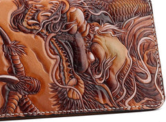 Handmade Leather Tooled Chinese Dragon Tiger Mens Chain Biker Wallet Cool Leather Wallet Zipper Long Phone Wallets for Men