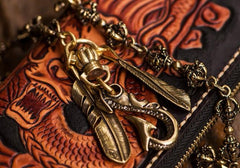 Handmade Leather Tooled Chinese Dragon Mens Chain Biker Wallet Cool Leather Wallet Zipper Long Phone Wallets for Men - imessengerbags