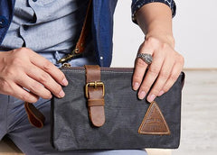 Cool Canvas Leather Mens Clutch Wallet Zipper Wristlet Bag Purse for Men