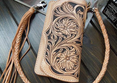 Handmade Leather Biker Wallet Tooled Floral Mens Cool Chain Wallet Trucker Wallet with Chain