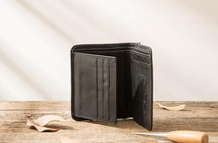 Black Cool Leather Mens Small Wallet Trifold Vintage billfold Wallet for Men - imessengerbags